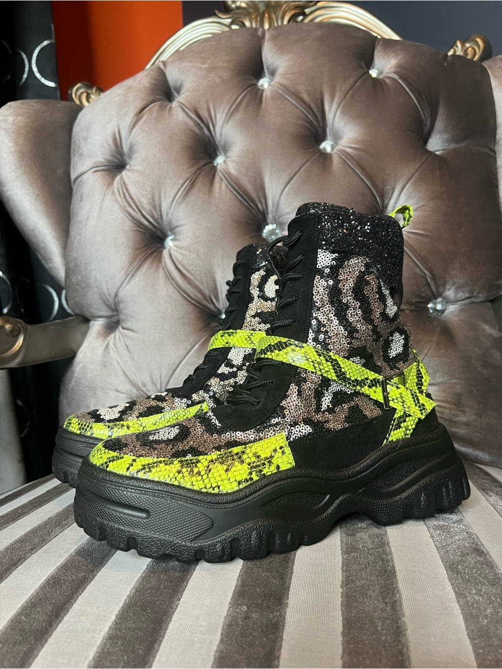 Cape Robbin Neon Green & Leopard Sequin Platform Boots Size 7 ✨ Fierce! ⚡